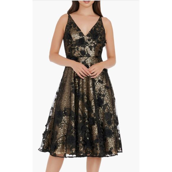 Dress the Population Dresses & Skirts - Dress the Population, Elisa Floral Sequin Fit & Flare Dress, Brushed Gold, Sz XS